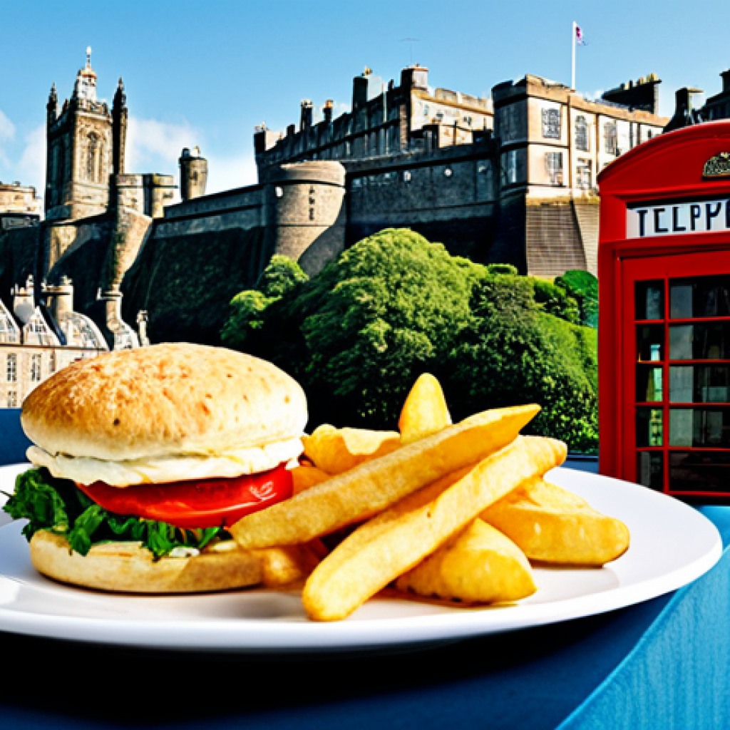 Quintessential British Experience**
A vibrant collage showcasing iconic British elements: a red telephone booth, a double-decker bus, a plate of fish and chips, and a cup of afternoon tea with scones. In the background, a blend of London's skyline with Edinburgh Castle. The overall style should be bright, cheerful, and inviting, reflecting a memorable travel experience. Include the text "Safe travels to the UK!" in a stylish font. Fully clothed, appropriate content, safe for work, professional.
**