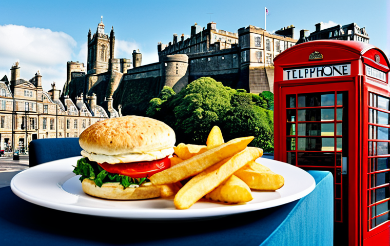 Quintessential British Experience**

A vibrant collage showcasing iconic British elements: a red telephone booth, a double-decker bus, a plate of fish and chips, and a cup of afternoon tea with scones. In the background, a blend of London's skyline with Edinburgh Castle.  The overall style should be bright, cheerful, and inviting, reflecting a memorable travel experience. Include the text "Safe travels to the UK!" in a stylish font. Fully clothed, appropriate content, safe for work, professional.

**