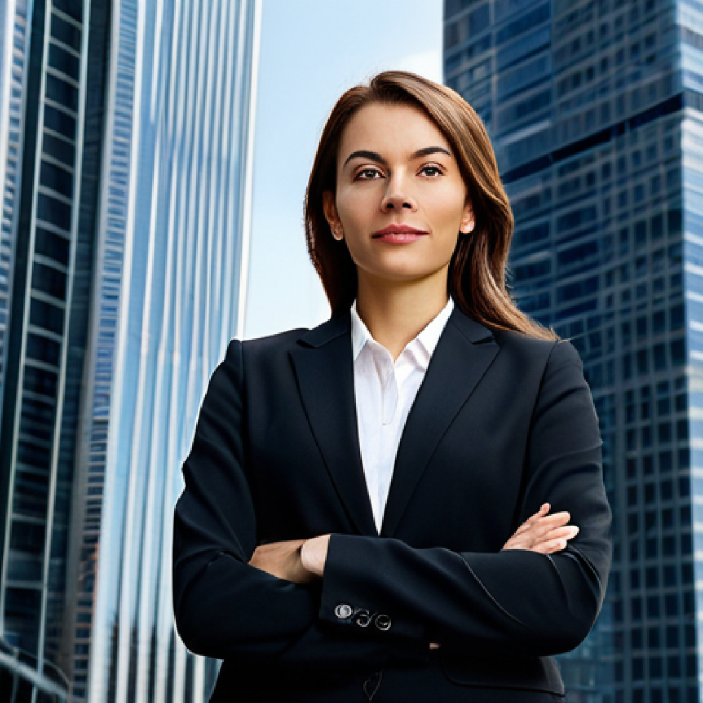 **Image Prompt:** A professional businesswoman in a modest business suit, standing confidently in front of a modern skyscraper, fully clothed, appropriate attire, safe for work, perfect anatomy, natural proportions, corporate photography, high quality.