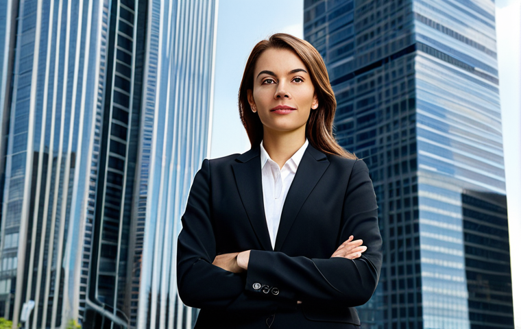 **Image Prompt:** A professional businesswoman in a modest business suit, standing confidently in front of a modern skyscraper, fully clothed, appropriate attire, safe for work, perfect anatomy, natural proportions, corporate photography, high quality.