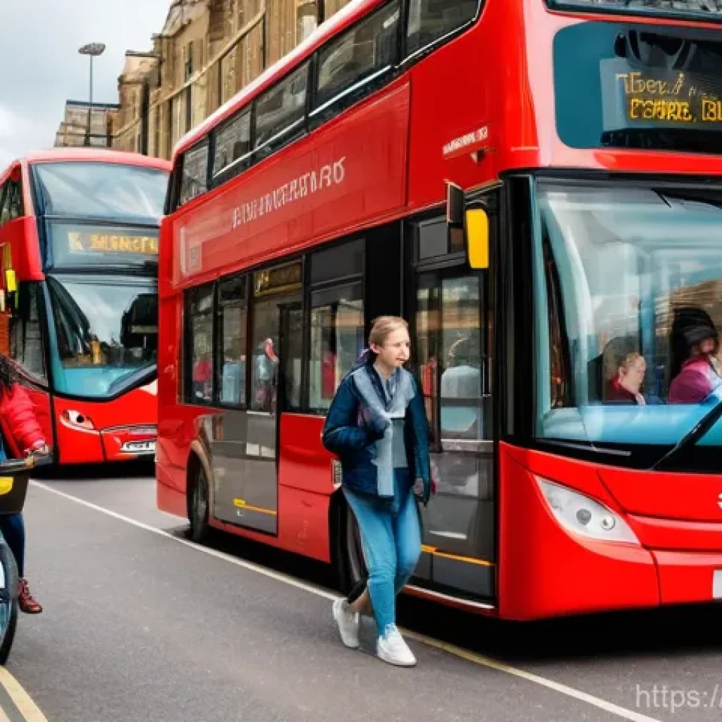 영국 교통 파업과 영향 - A vibrant London street scene during daytime, depicting a diverse group of young adults confidently ...