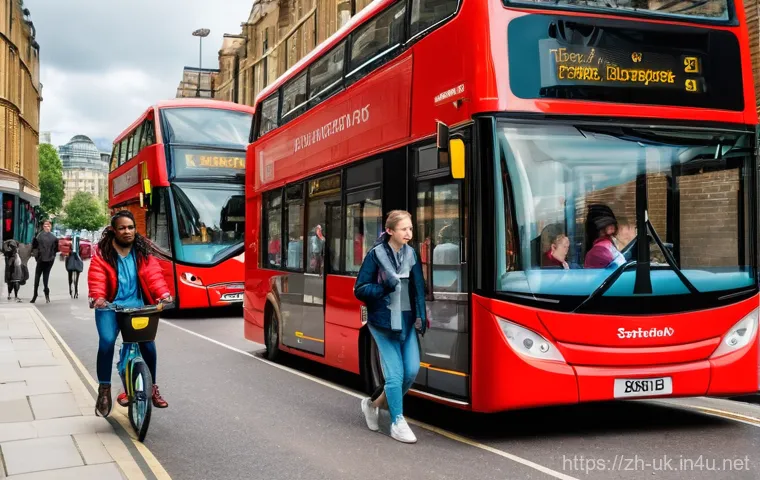 영국 교통 파업과 영향 - A vibrant London street scene during daytime, depicting a diverse group of young adults confidently ...