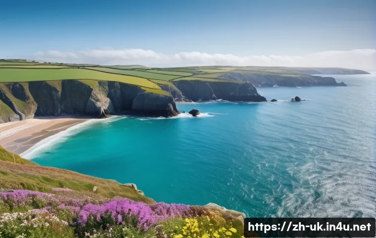 콘월 해안 절경 여행 - **Prompt:** A breathtaking panoramic view of the Cornish coastline, featuring a winding coastal path...