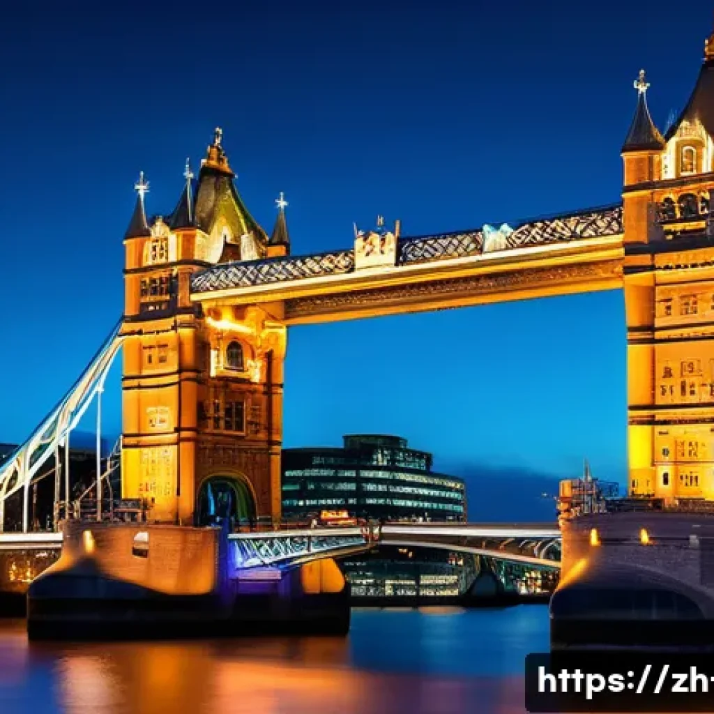 런던 타워브리지 야경 - A stunning nighttime scene of London Tower Bridge illuminated by warm golden lights that emphasize i...