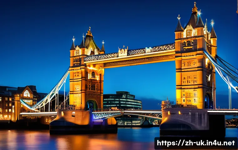 런던 타워브리지 야경 - A stunning nighttime scene of London Tower Bridge illuminated by warm golden lights that emphasize i...