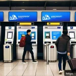 비자 없이 영국 여행 가능한 국가 - A vibrant airport scene showing diverse international travelers from Europe and Asia happily passing...