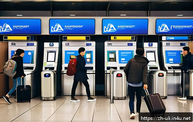 비자 없이 영국 여행 가능한 국가 - A vibrant airport scene showing diverse international travelers from Europe and Asia happily passing...