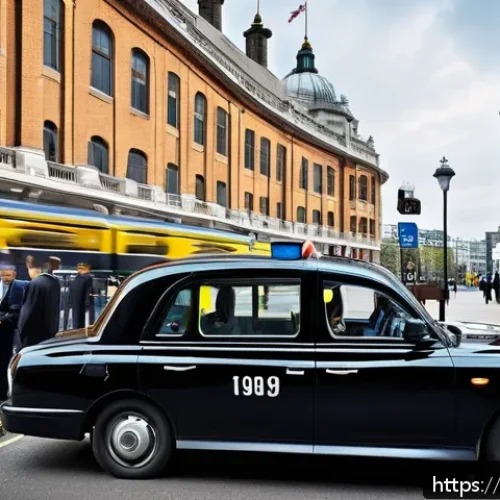 영국 택시 블랙캡 이용법 - A sleek, traditional London black taxi cab parked at an official taxi stand near a busy train statio...