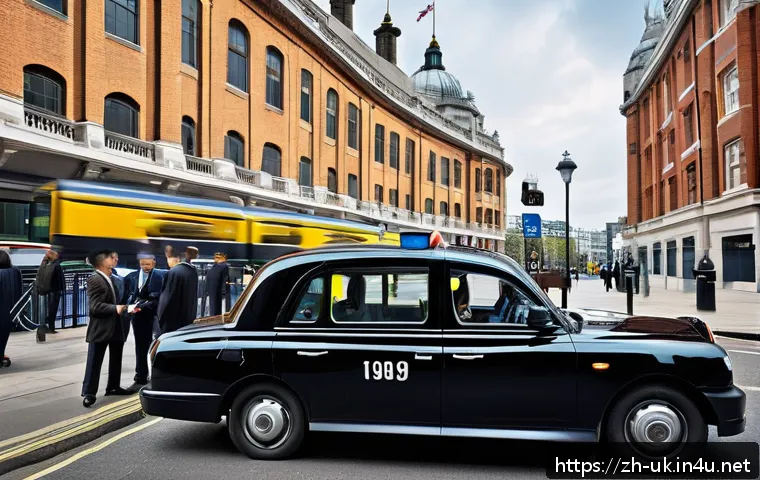 영국 택시 블랙캡 이용법 - A sleek, traditional London black taxi cab parked at an official taxi stand near a busy train statio...