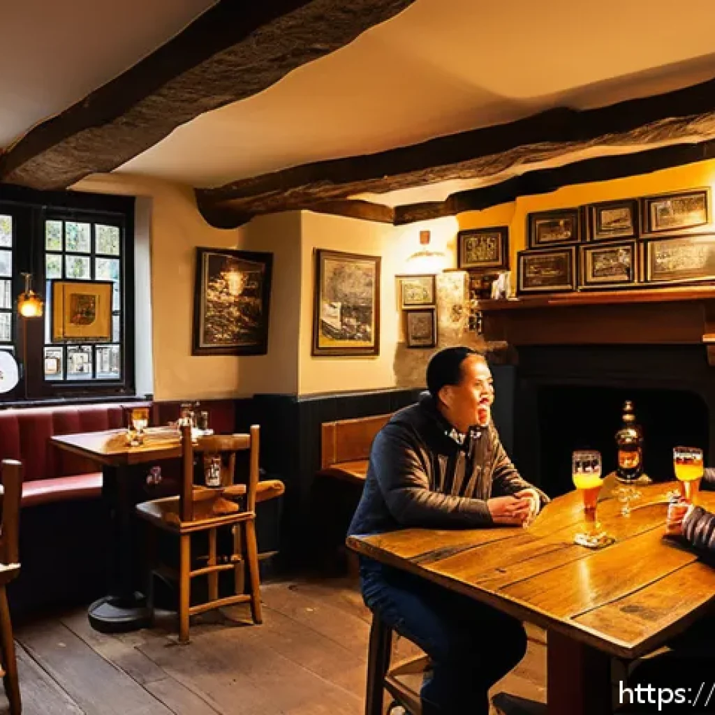 영국 펍 문화의 특징 - A cozy traditional British pub interior featuring ancient wooden beams and a large stone fireplace, ...