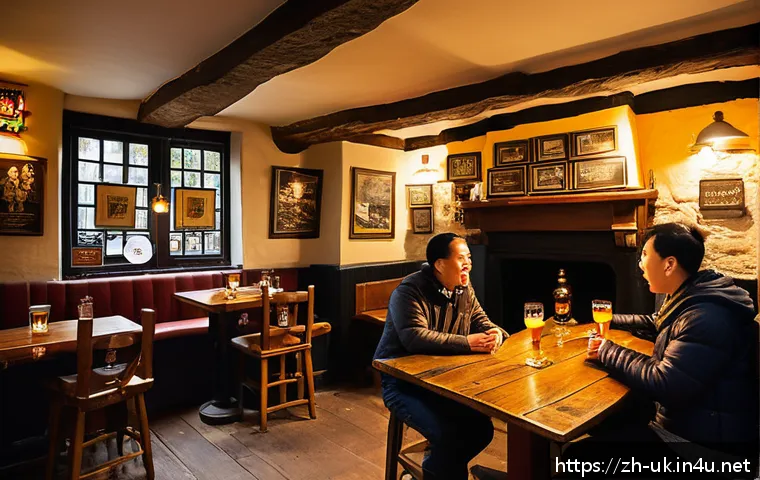 영국 펍 문화의 특징 - A cozy traditional British pub interior featuring ancient wooden beams and a large stone fireplace, ...