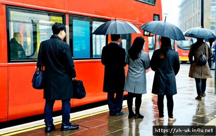 영국 내 특이한 문화 - Photorealistic candid scene of British queue culture at a city bus stop, diverse adults standing in ...