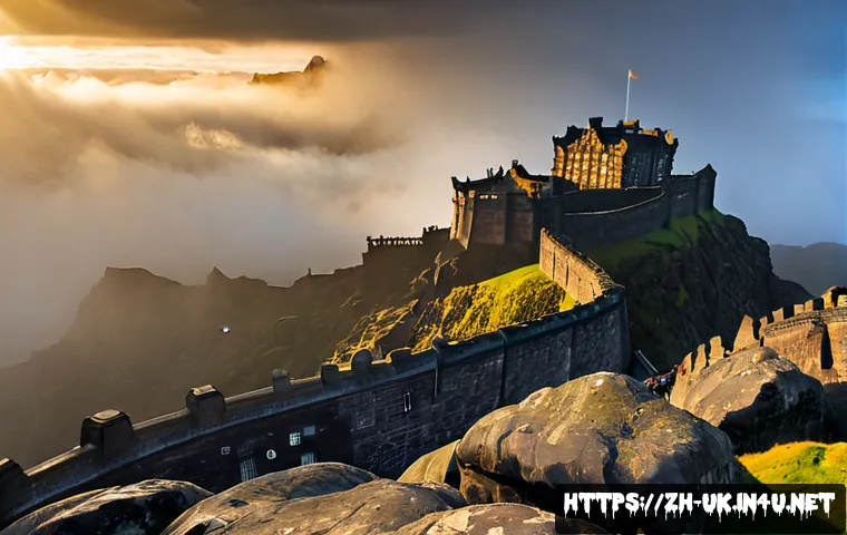 에든버러 성 역사와 전설 - Photorealistic panoramic view of Edinburgh Castle towering above rugged volcanic rock at dawn, ancie...