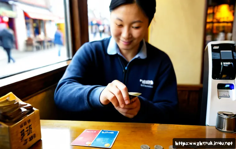 영국의 팁 문화 - Photorealistic British café scene, a friendly adult customer in modest everyday clothing placing a f...