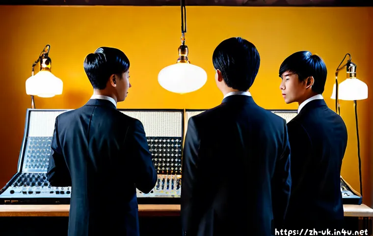 비틀즈 음악사적 의미 - Photorealistic 1960s-inspired recording studio scene, four anonymous young male musicians in tailore...
